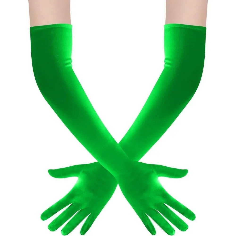 Women's Green Long Satin Opera Fabric Gloves Party Tea Stretchy Elbow Length